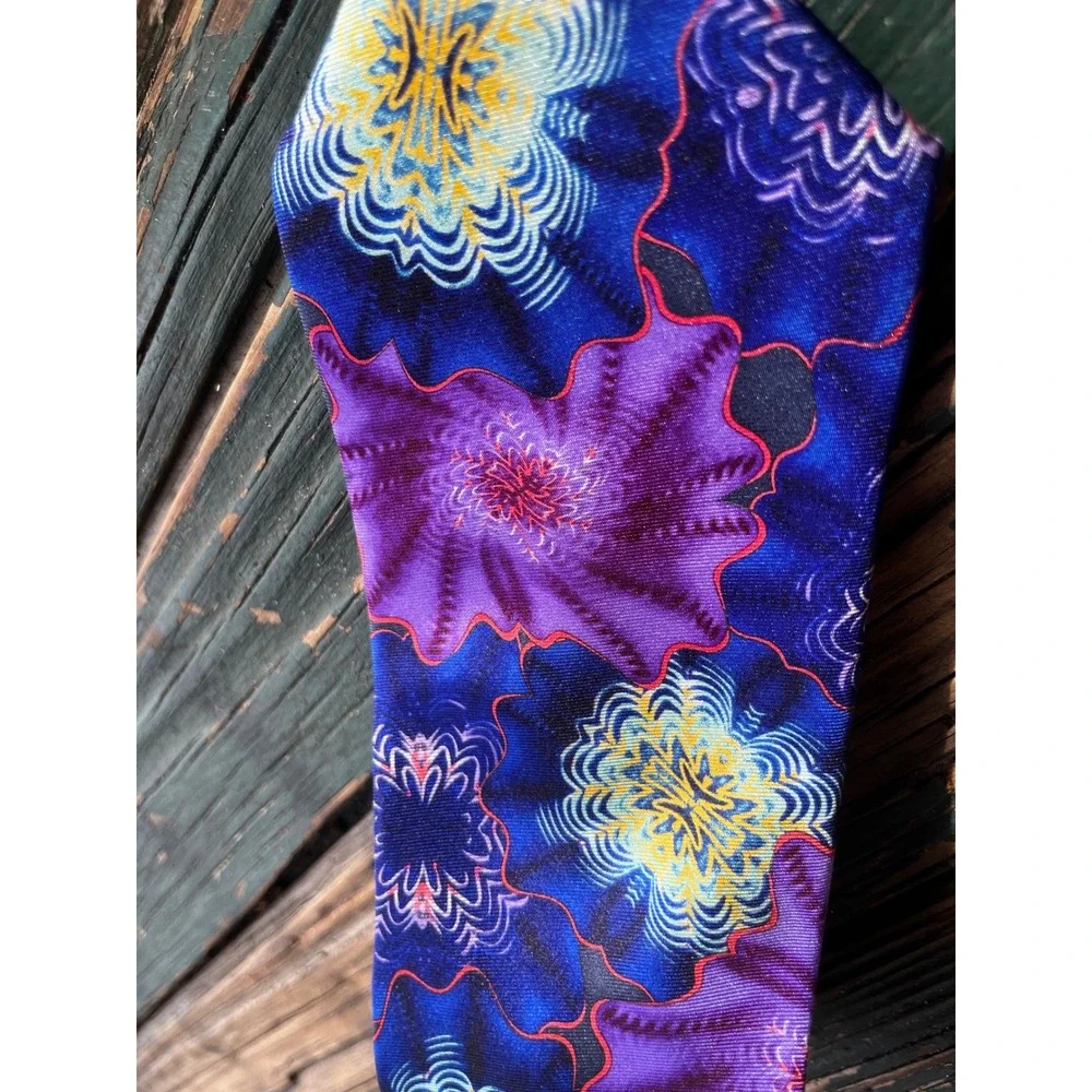 Psychedelic Floral Silk Necktie Purple Blue Yellow Fractal Handmade Tie